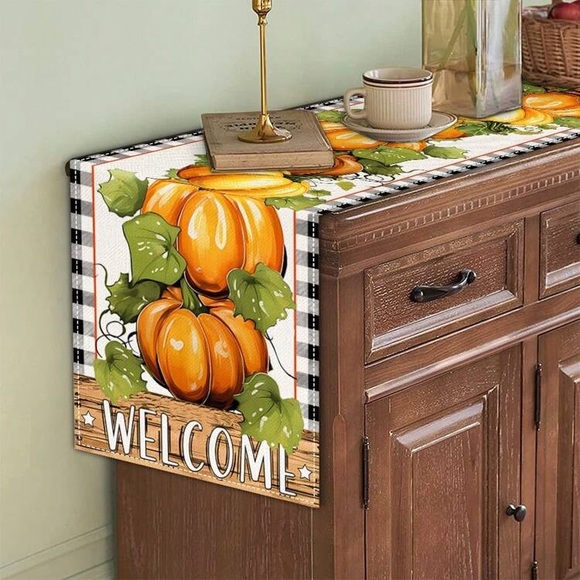 NWT Buffalo Check Border- WELCOME- Stacked Pumpkin 🍁 Fall Table Runner 72x13 - Picture 4 of 6